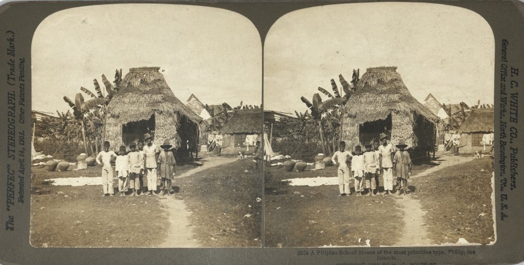 A Filipino School House of the most primitive type, Philippine Islands.